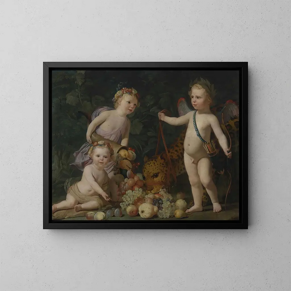 Drie kinderen met fruit en een jaguar - Gerard van Honthorst — ingelijst kunstwerk aan de muur