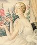 Vrouw in witte jurk zittend op de vensterbank - Gerda Wegener — weergave van het kunstwerk