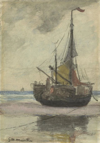 Gerhard Munthe - Vissersboot op het strand met gereefd zeil.webp