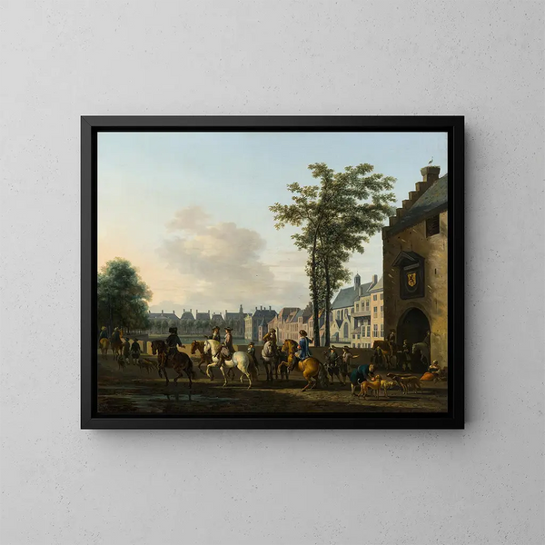 Een jachtpartij bij de Hofvijver in Den Haag gezien vanaf het Plaats - Gerrit Adriaensz Berckheyde — ingelijst kunstwerk aan de muur