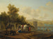 Een uitgestrekt Italiaans rivierlandschap met reizigers die rusten op een pad - Gerrit Adriaensz Berckheyde — weergave van het kunstwerk