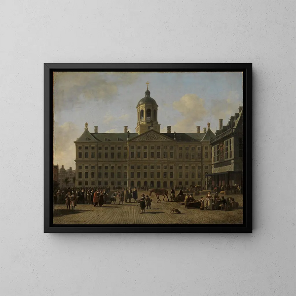 De Dam in Amsterdam met het stadhuis en de weegschaal - Gerrit Adriaensz Berckheyde — ingelijst kunstwerk aan de muur
