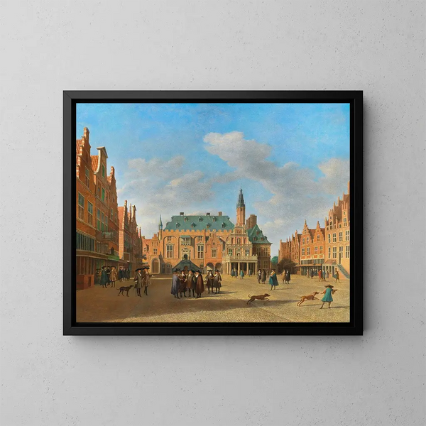 van Het Grote Marktplein in Haarlem met het stadhuis - Gerrit Adriaensz Berckheyde — ingelijst kunstwerk aan de muur