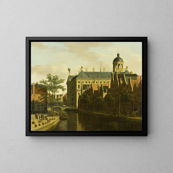La Nieuwezijds Voorburgwal met de bloemenmarkt en de bomen in Amsterdam - Gerrit Adriaensz Berckheyde — ingelijst kunstwerk aan de muur