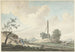 Landschapschilderij bij de duinen met een kilometermarkering en twee wandelaars - Gerrit Toorenburgh — weergave van het kunstwerk
