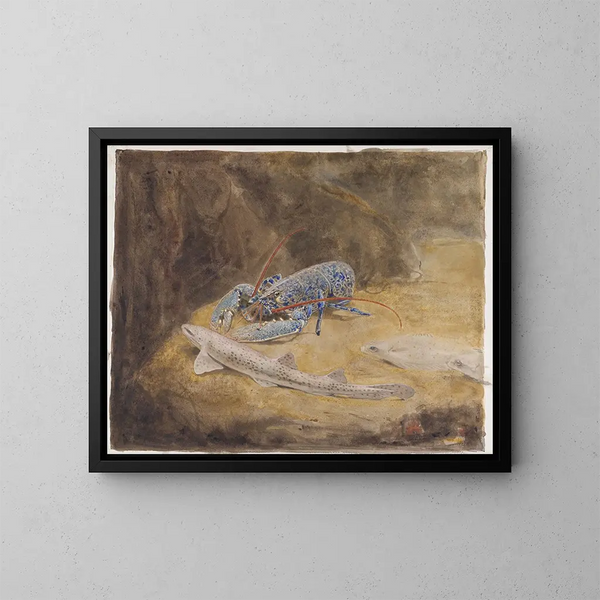 Aquarium met drie vissen uit de Noordzee: langoest, haai en tong - Gerrit Willem Dijsselhof — ingelijst kunstwerk aan de muur