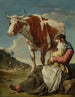 a mother and her child milking a cow in a landscape. A group of peasants and animals beyond. - Giacomo Ceruti — artwork view