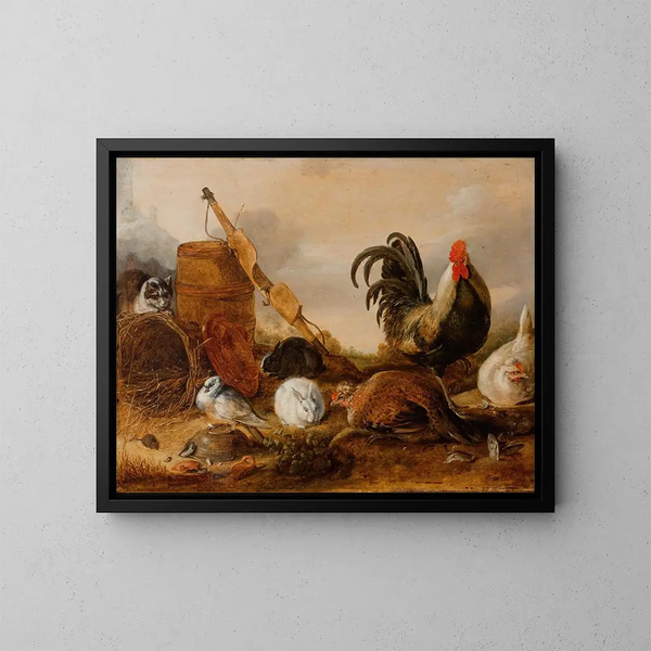 Dieren in de binnenplaats - Gijsbert Gillisz de Hondecoeter — ingelijst kunstwerk aan de muur