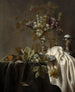 van Witte en zwarte rozijnen, kruik en zoutvaatje op een gedrapeerde tafel - Gillis Gillisz de Bergh — weergave van het kunstwerk