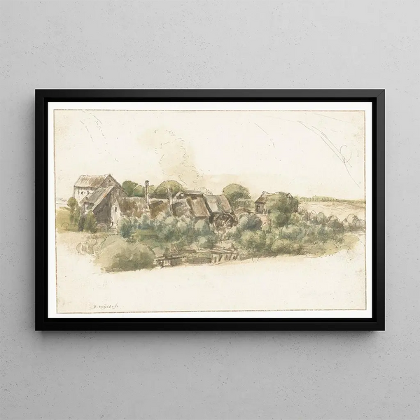 Gillis Neyts - Gezicht op enkele huizen en een watermolen tussen bomen.webp