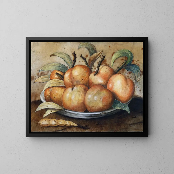 Natuurstudie met perziken en karobben - Giovanna Garzoni — ingelijst kunstwerk aan de muur