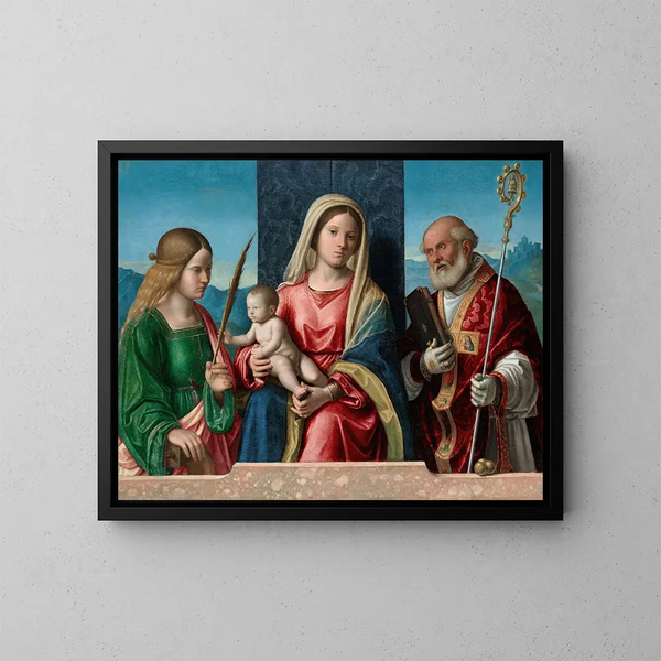 Maagd met Kind met de heiligen Catharina en Nicolaas - Giovanni Battista Cima da Conegliano — ingelijst kunstwerk aan de muur