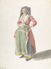 Young Woman Standing in Traditional Neapolitan Dress – Giovanni Battista Lusieri — woman in a red dress, blue skirt, green apron and dark veil