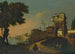 Landschap met Italiaanse figuren die een versterkte stad aan de waterkant binnenwandelen - Giovanni Migliara — weergave van het kunstwerk