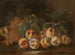 Pêches et raisins sur un entablement - Giovanni Paolo Castelli — weergave van het kunstwerk