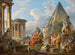 van een fantasie met Sint Paulus die predikt aan de Romeinen met de tempel van Vesta en de piramide van Caius Cestius - Giovanni Paolo Panini — weergave van het kunstwerk