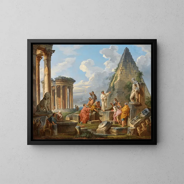 van een fantasie met Sint Paulus die predikt aan de Romeinen met de tempel van Vesta en de piramide van Caius Cestius - Giovanni Paolo Panini — ingelijst kunstwerk aan de muur