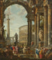 van een klassieke fantasie met de Trajanuskolom van het Colosseum en de Farnese Hercules met de filosoof - Giovanni Paolo Panini — weergave van het kunstwerk