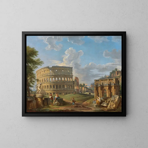 Landschap met het Colosseum en de Constantijnboog in Rome - Giovanni Paolo Panini — ingelijst kunstwerk aan de muur