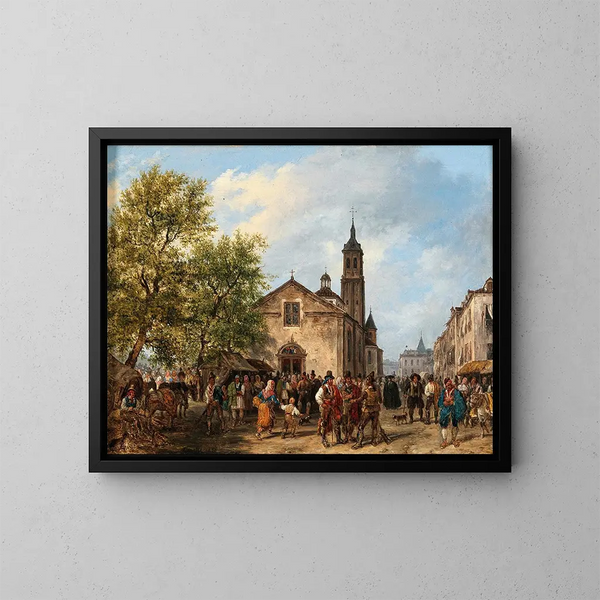 Een levendige scène op een marktplein - Giuseppe Canella — ingelijst kunstwerk aan de muur