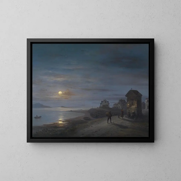 Landschapschilderij aan de kust onder de opkomende maan - Giuseppe Canella — ingelijst kunstwerk aan de muur