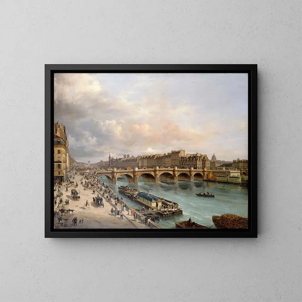 De stad en de Pont Neuf gezien vanaf de kade van het Louvre - Giuseppe Canella — ingelijst kunstwerk aan de muur