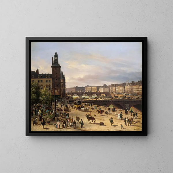 van het marktplein met bloemen, de Klokketoren, de Pont au Change en de Pont Neuf - Giuseppe Canella — ingelijst kunstwerk aan de muur
