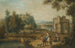 Landschapskunstdruk met een Romeinse ruïne en personages die rusten bij een beek - Giuseppe Zais — weergave van het kunstwerk