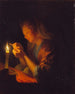 Meis die een naald rijgt bij kaarslicht - Godfried Schalcken — weergave van het kunstwerk