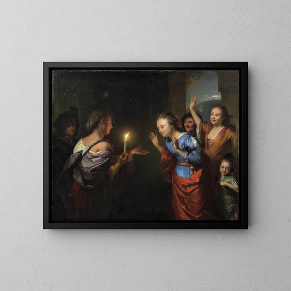 De gelijkenis van het verloren muntstuk - Godfried Schalcken — ingelijst kunstwerk aan de muur