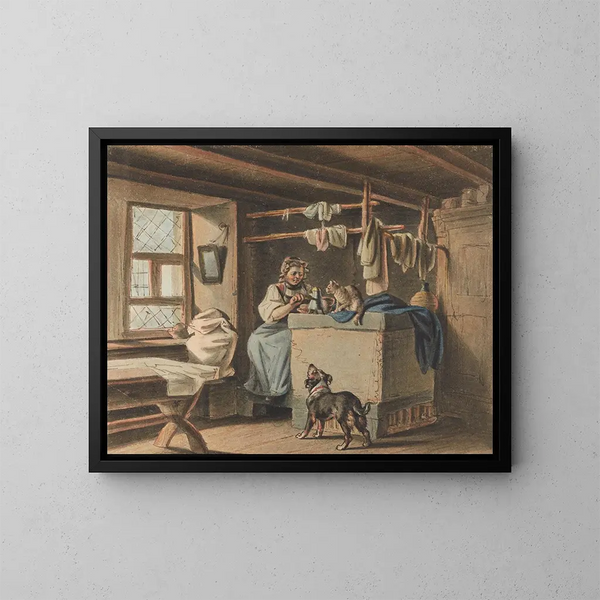 Vrouw die koffie zet - Gottfried Mind — ingelijst kunstwerk aan de muur