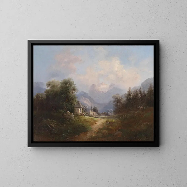 van een bergvallei met figuren - Gustav Barbarini — ingelijst kunstwerk aan de muur