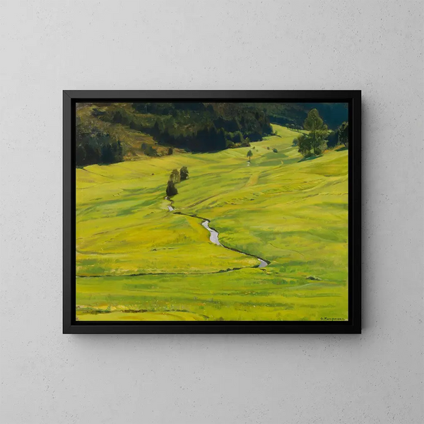 Vallée forestière ensoleillée avec ruisseau - Gustav Kampmann — ingelijst kunstwerk aan de muur