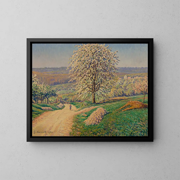 Een uitgestrekt landschap met een figuur die op een weg loopt - Gustave Cariot — ingelijst kunstwerk aan de muur