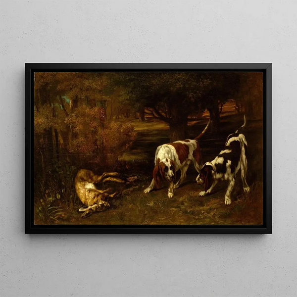 Jachthonden met dode haas - Gustave Courbet — ingelijst kunstwerk aan de muur