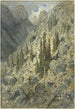 Een alpine vallei met bomen en rotsen - Gustave Doré — weergave van het kunstwerk
