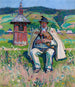 Highlander schilderij met een bandura op de achtergrond van een landschap - Gustav Pillati — weergave van het kunstwerk