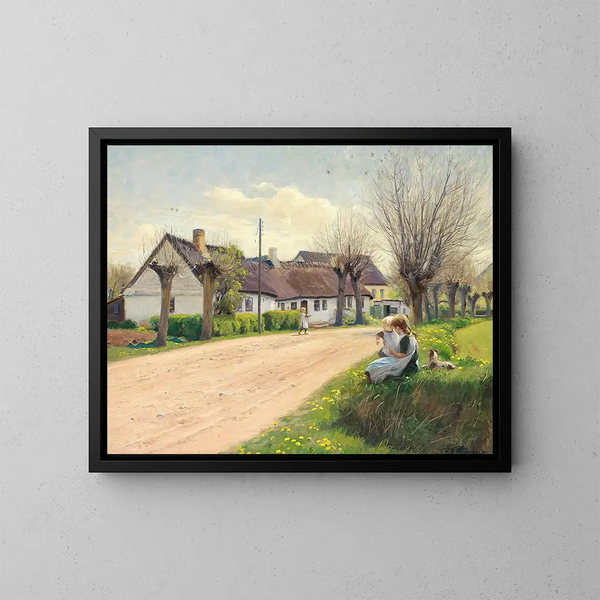 Meisje in het dorp met meisjes aan de rand van de weg - Hans Andersen Brendekilde — ingelijst kunstwerk aan de muur