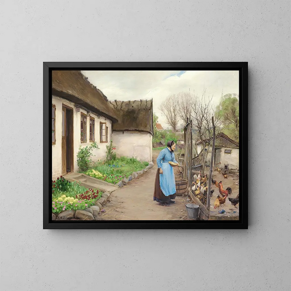 van een koeien die een man voeden voor een witgekalkte boerderij op een herfstdag - Hans Andersen Brendekilde — ingelijst kunstwerk aan de muur