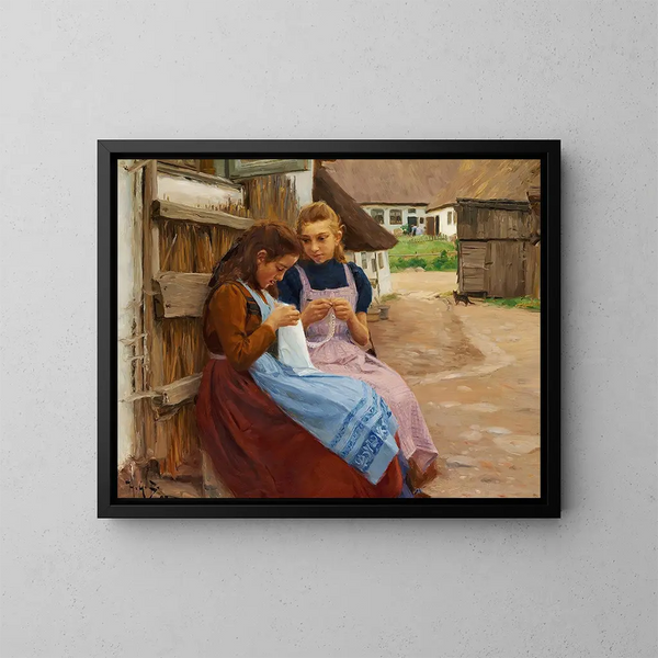 van meisjes met handarbeid zittend op een dorpsplein - Hans Andersen Brendekilde — ingelijst kunstwerk aan de muur