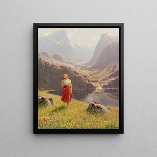Hans Andreas Dahl - Summer by the Norwegian fjord girl returning home with a rake and box.webp