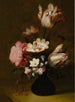 Natuurgetrouwe Kunstdruk van een stilleven met tulpen, pioenen, anemonen, hyacinten en andere bloemen in een glazen vaas op een stenen rand - Hans Bollongier — weergave van het kunstwerk