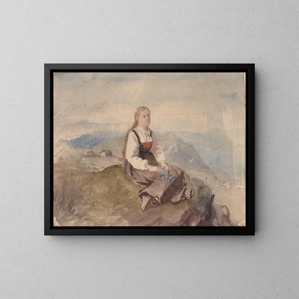 Meisje in een berglandschap - Hans Gude — ingelijst kunstwerk aan de muur