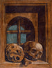 Twee schedels in een venster nis - Hans Holbein de Jonge — weergave van het kunstwerk