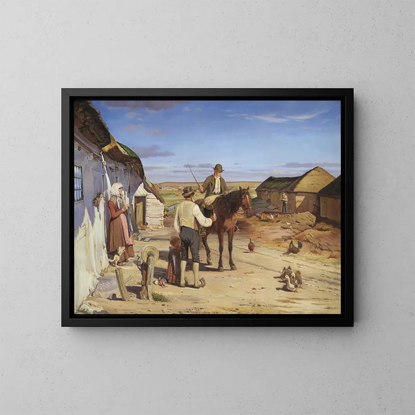 Een vreemdeling die zijn weg vraagt bij een boerderij op de heide - Hans Smidth — ingelijst kunstwerk aan de muur