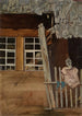 Coin de maison paysanne avec clôture de jardin et poule - Hans Thoma — weergave van het kunstwerk