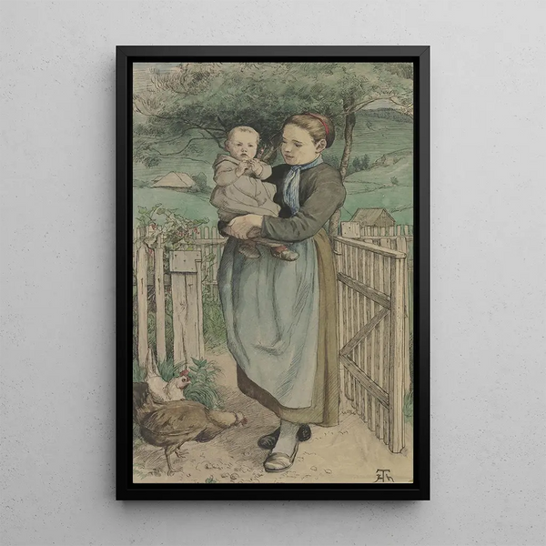 Hans Thoma - Bauernmdchen mit einem Kind auf dem Arm an einem Holzgitter stehend.webp