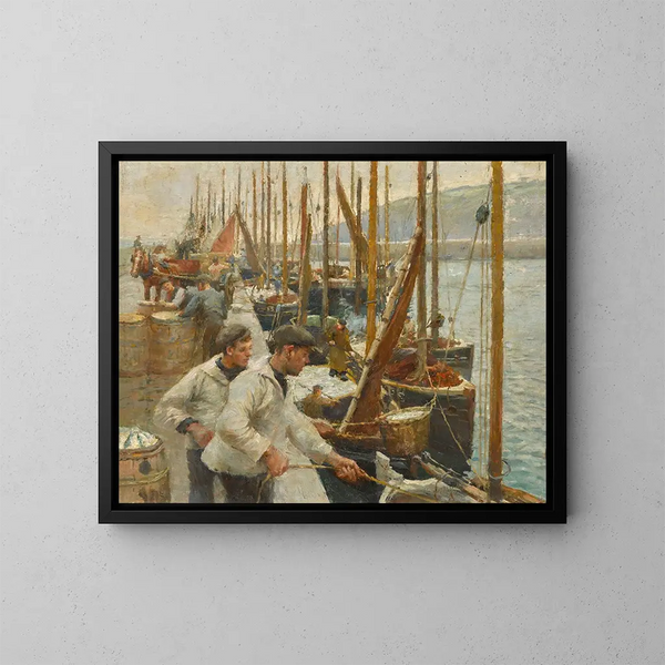 Vissersboten in Newlyn - Harold Harvey — ingelijst kunstwerk aan de muur