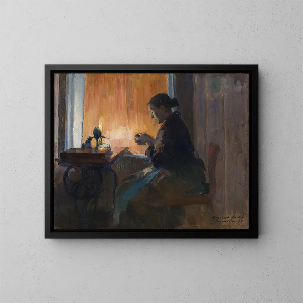À la lumière de la lampe - Harriet Backer — ingelijst kunstwerk aan de muur