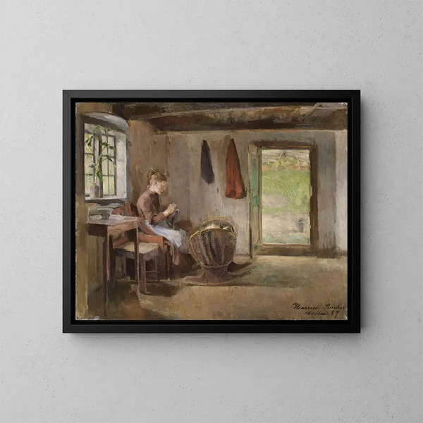 Binnenhuis van een boerderij in Skotta in Brum - Harriet Backer — ingelijst kunstwerk aan de muur